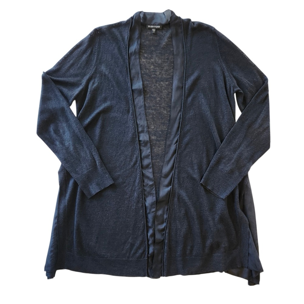 Eileen Fisher Black Linen Silk Blend Open Front Cardigan Sweater Women's Medium